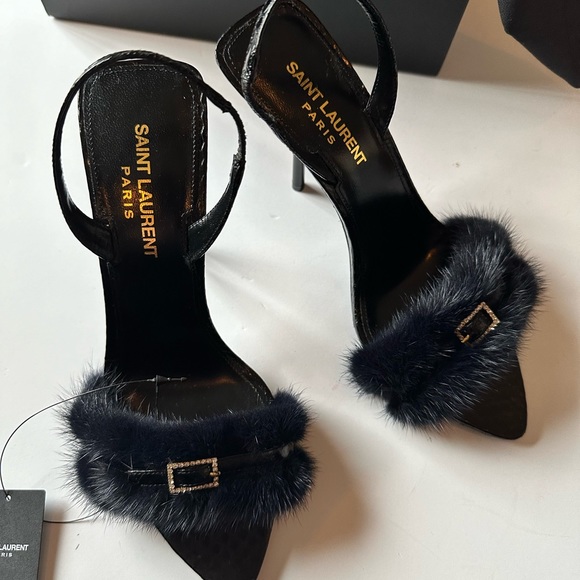 SAINT LAURENT Ilona Slingback Heels Blue Notte & Nero - Picture 2 of 7